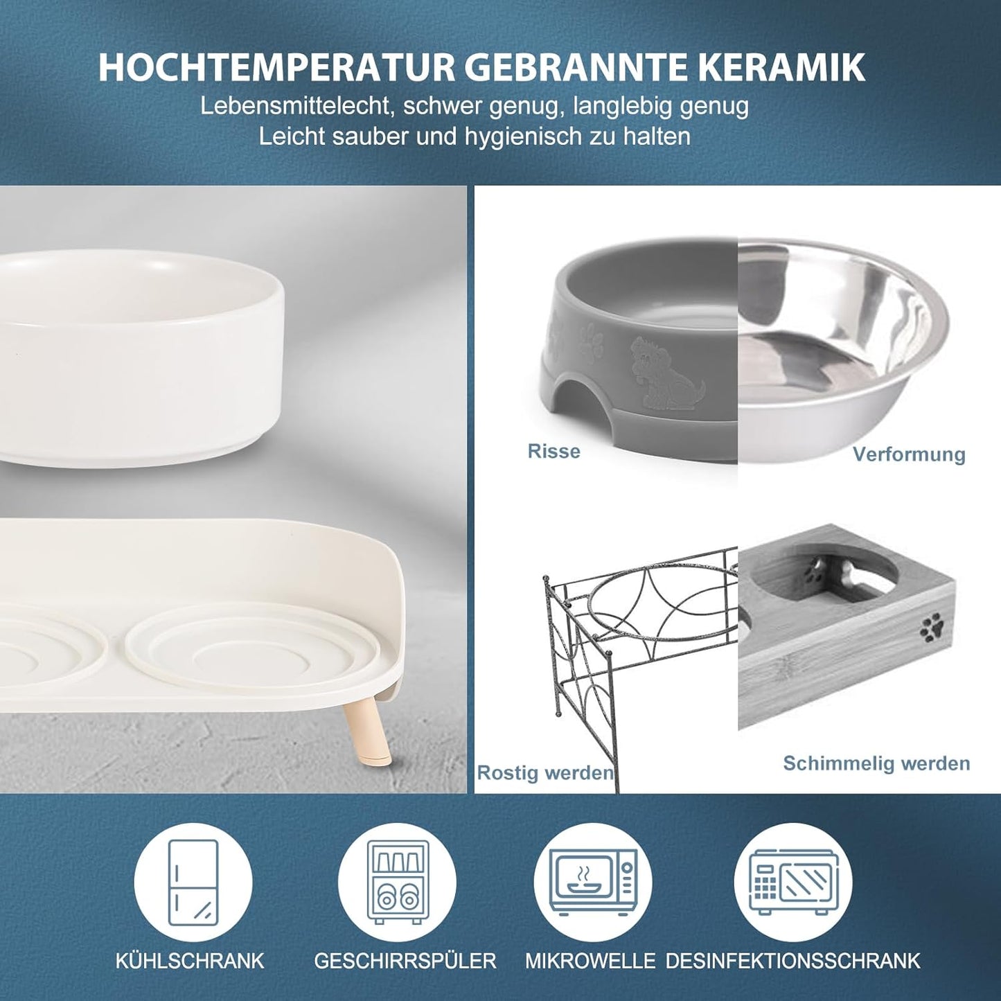 Futternapf Hund Keramik Hundenapf Erhöht - Spritzsicherer Hundenäpfe Mit Ständer - Doppel Napf Katze Fressnapf Hund - Futter Wasser Napfset Für Kleine Bis Mittlere Hunde Und Große Katzen - 850Ml X 2