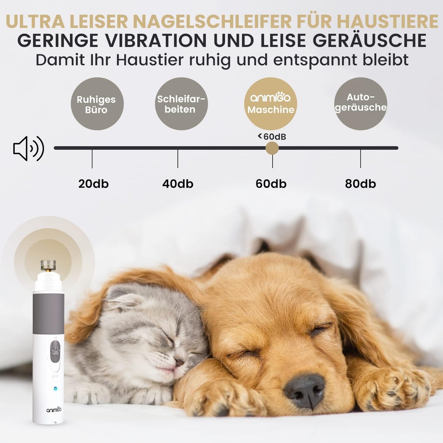Animigo Krallenschleifer, Krallenschere Für Hunde & Katzen - Verschiedene Diamantkopf Größen - Sehr Leise - Motor Mit 2 Geschwindigkeiten & USB Anschluss - Für Haustiere Aller Krallengrößen