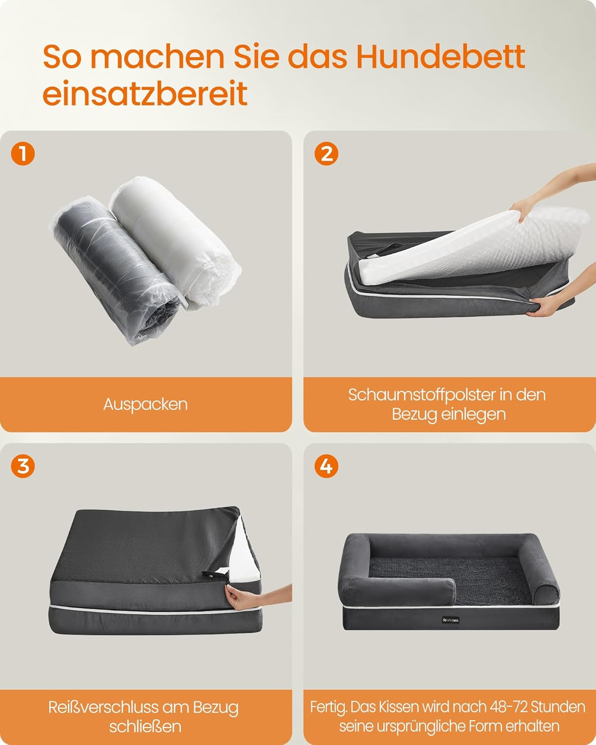 Feandrea Orthopädisches Hundebett, Hundekissen, Hundekorb, Weiche Polsterung, Hundesofa, Erhöhte Ränder, Bezug Abnehmbar Und Waschbar, 91 X 71 X 20 Cm, Rutschfeste Unterseite, Dunkelgrau PGW076G01