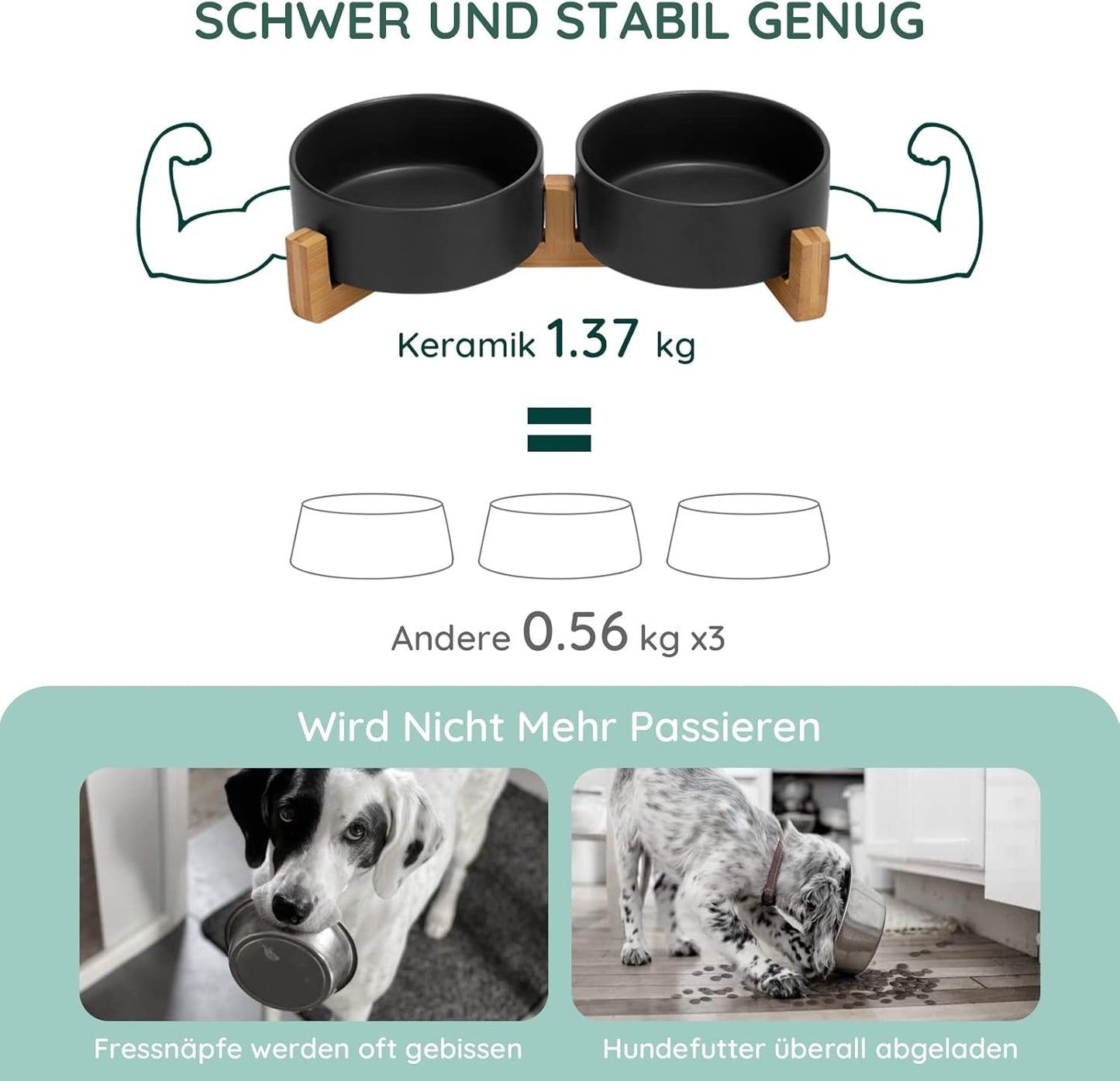 SPUNKYJUNKY Hundenapf Keramik Doppel Hund Futternapf Mit Bambus Ständer Für Katzen Und Hunde (400Ml, Schwarz)