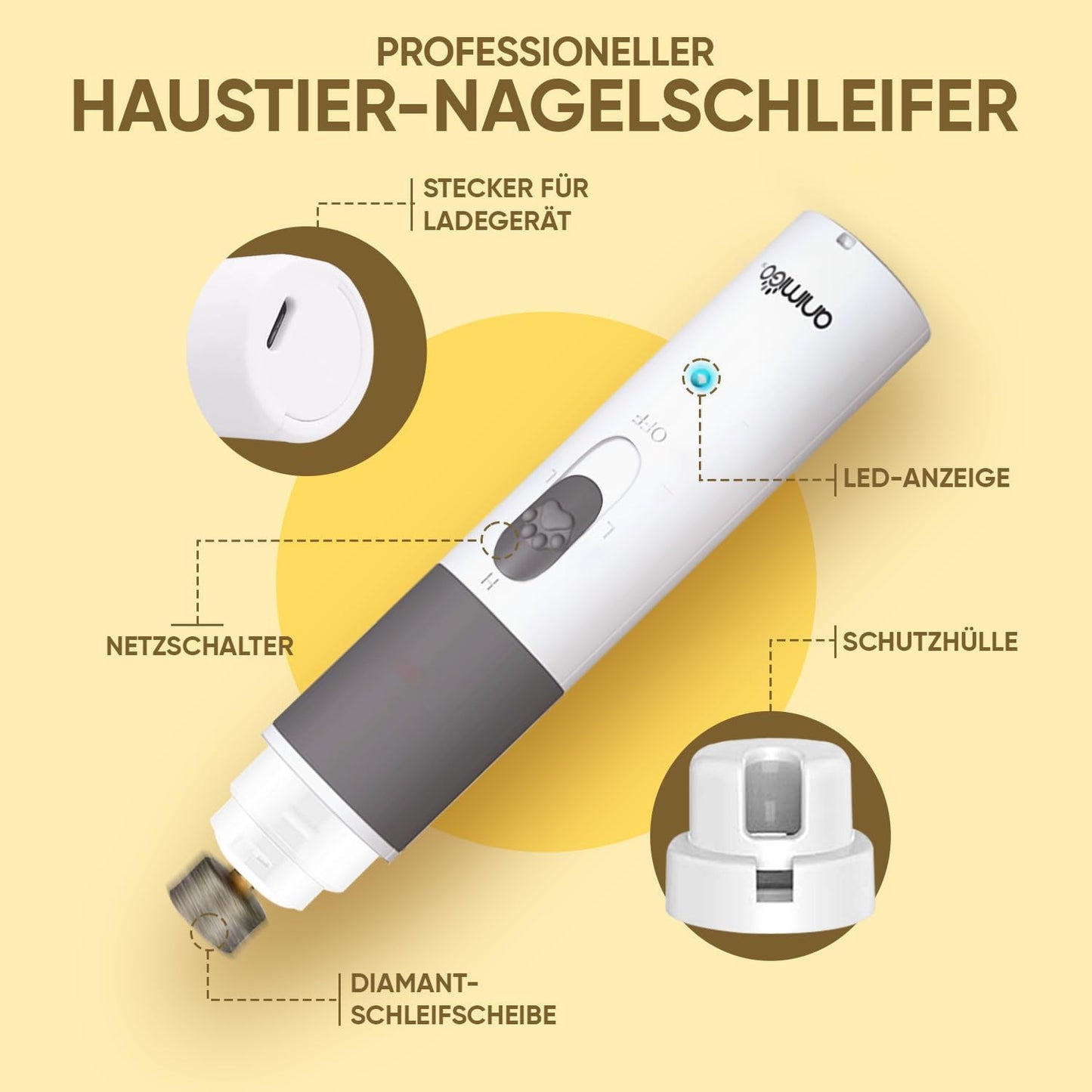 Animigo Krallenschleifer, Krallenschere Für Hunde & Katzen - Verschiedene Diamantkopf Größen - Sehr Leise - Motor Mit 2 Geschwindigkeiten & USB Anschluss - Für Haustiere Aller Krallengrößen