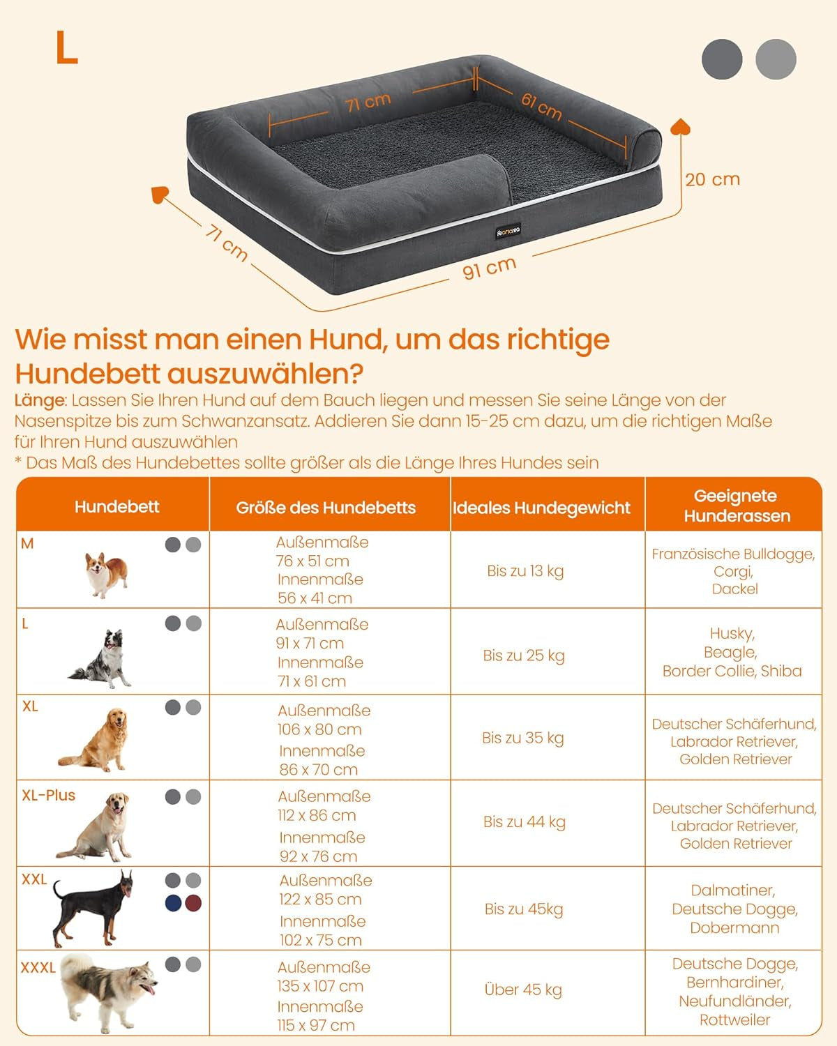 Feandrea Orthopädisches Hundebett, Hundekissen, Hundekorb, Weiche Polsterung, Hundesofa, Erhöhte Ränder, Bezug Abnehmbar Und Waschbar, 91 X 71 X 20 Cm, Rutschfeste Unterseite, Dunkelgrau PGW076G01