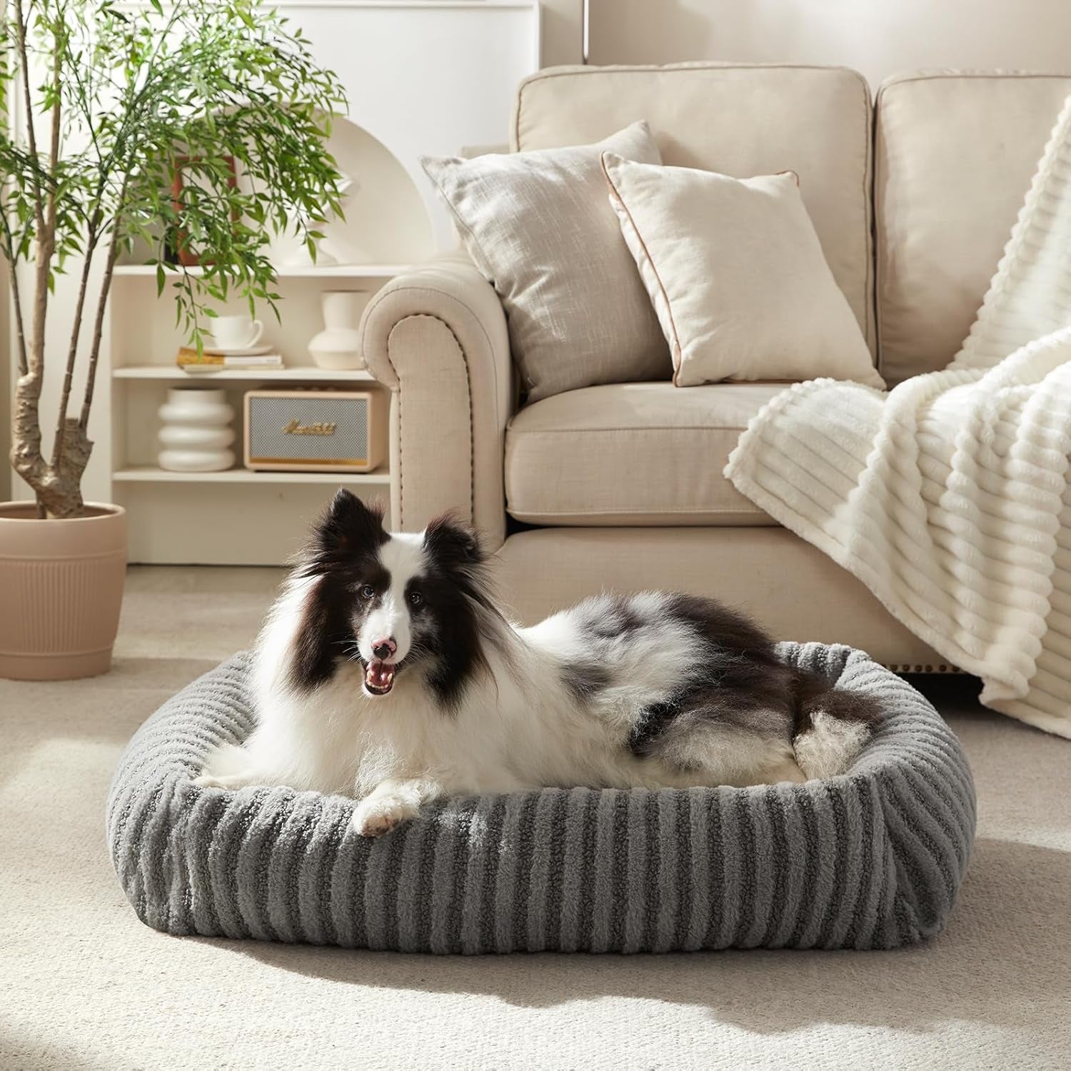 Hundebett Mittelgroße Hunde, Waschbares Hundebett Mit Abnehmbarem Bezug, Wärmendes, Weiches Beruhigendes Haustierbetten Für Welpen Mit Rutschfester Unterseite, 76 X 61 X 20 Cm, Grau