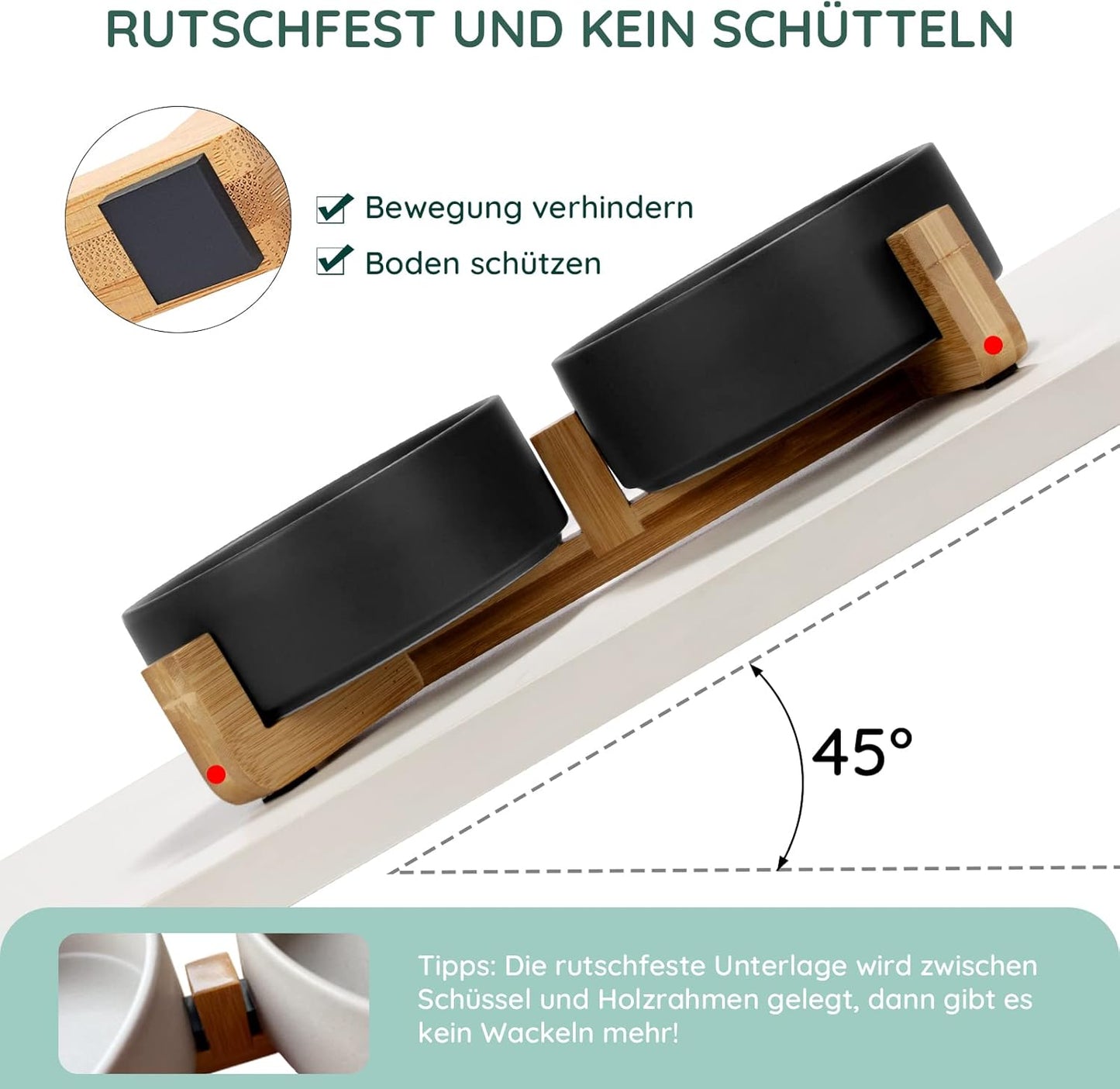 SPUNKYJUNKY Hundenapf Keramik Doppel Hund Futternapf Mit Bambus Ständer Für Katzen Und Hunde (400Ml, Schwarz)