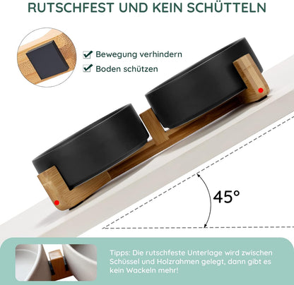 SPUNKYJUNKY Hundenapf Keramik Doppel Hund Futternapf Mit Bambus Ständer Für Katzen Und Hunde (400Ml, Schwarz)