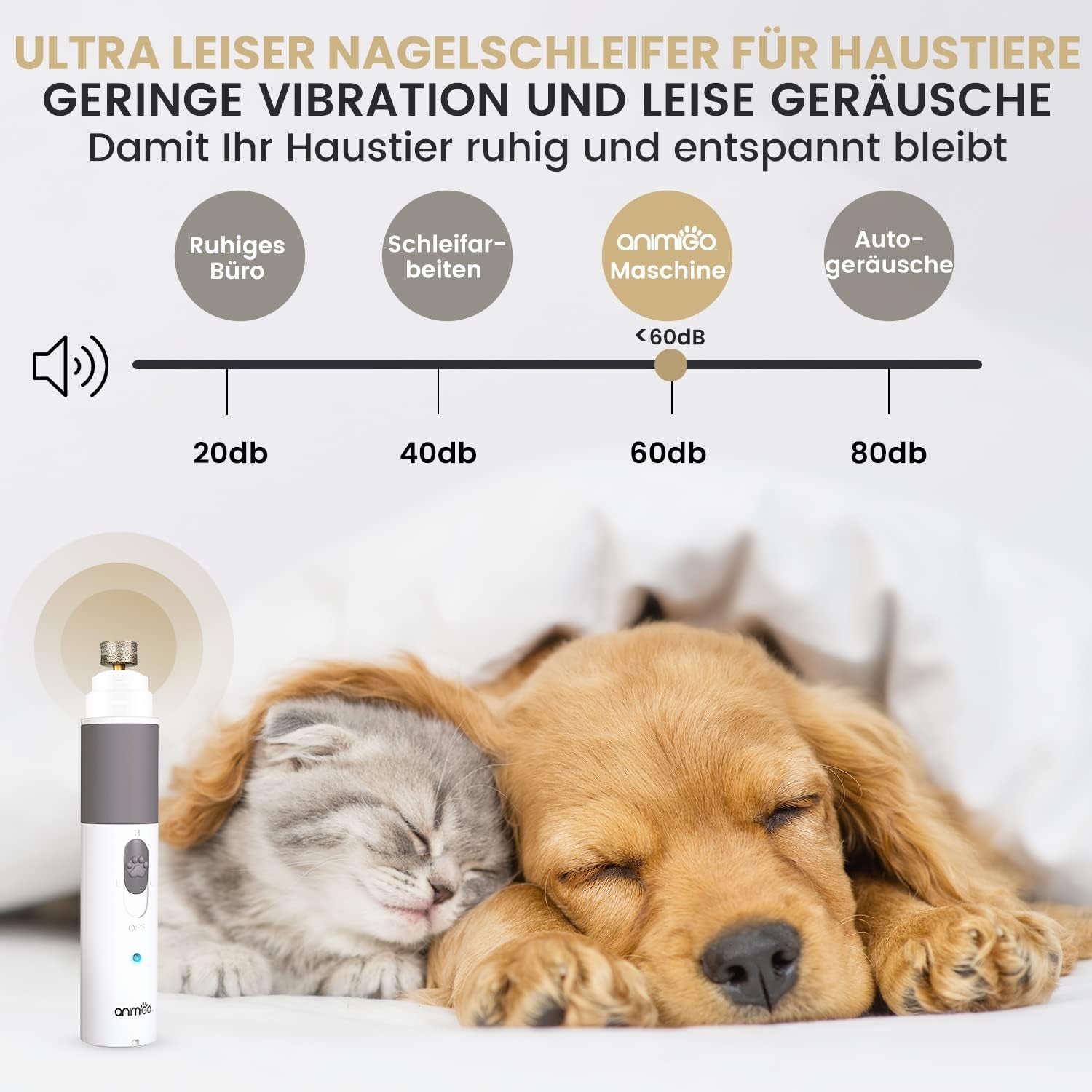 Animigo Krallenschleifer, Krallenschere Für Hunde & Katzen - Verschiedene Diamantkopf Größen - Sehr Leise - Motor Mit 2 Geschwindigkeiten & USB Anschluss - Für Haustiere Aller Krallengrößen