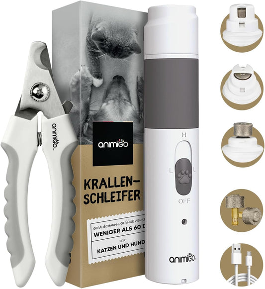 Animigo Krallenschleifer, Krallenschere Für Hunde & Katzen - Verschiedene Diamantkopf Größen - Sehr Leise - Motor Mit 2 Geschwindigkeiten & USB Anschluss - Für Haustiere Aller Krallengrößen