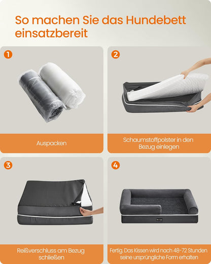 Feandrea Orthopädisches Hundebett, Hundekissen, Hundekorb, Weiche Polsterung, Hundesofa, Erhöhte Ränder, Bezug Abnehmbar Und Waschbar, 91 X 71 X 20 Cm, Rutschfeste Unterseite, Dunkelgrau PGW076G01