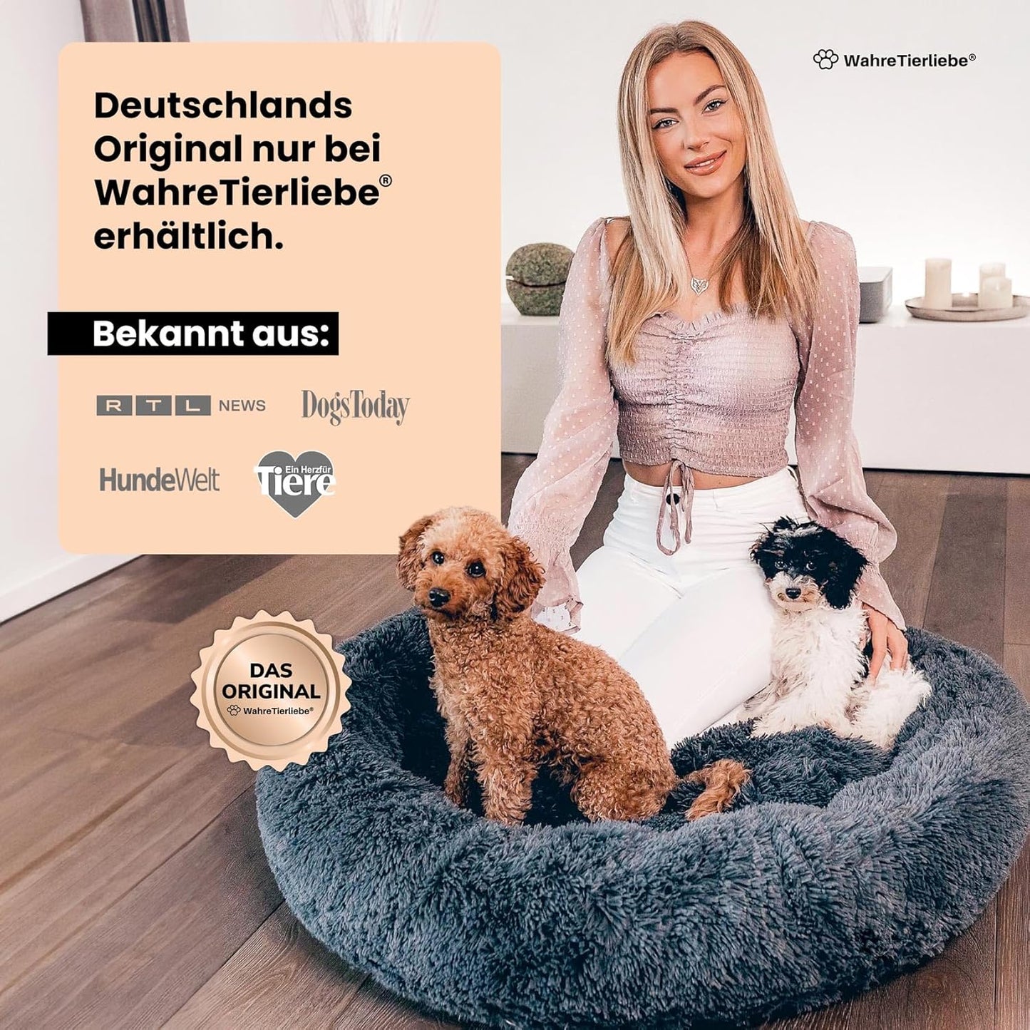 Wahre Tierliebe Hundebett Fluffy Wolke - Das Original, Mit Waschbarem Bezug Hundekissen, Hundekorb, Flauschiges Hundebett Für Große, Mittelgroße & Kleine Hunde