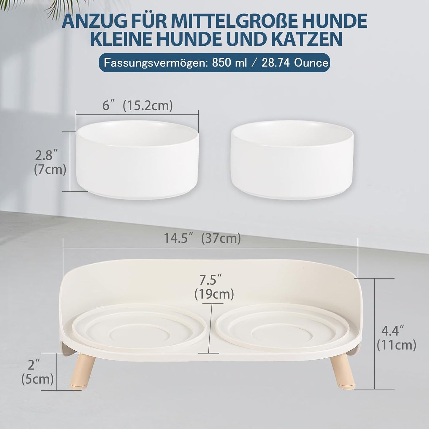 Futternapf Hund Keramik Hundenapf Erhöht - Spritzsicherer Hundenäpfe Mit Ständer - Doppel Napf Katze Fressnapf Hund - Futter Wasser Napfset Für Kleine Bis Mittlere Hunde Und Große Katzen - 850Ml X 2