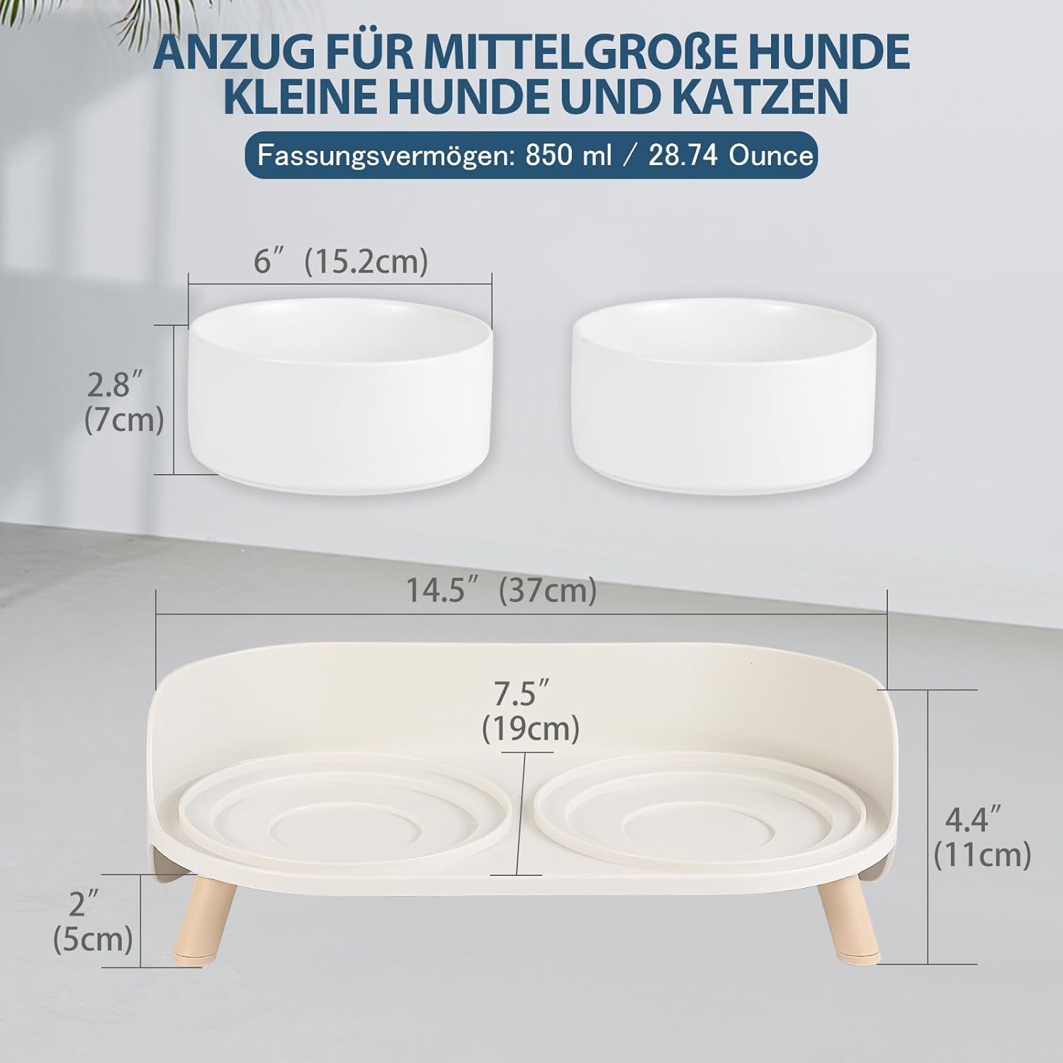 Futternapf Hund Keramik Hundenapf Erhöht - Spritzsicherer Hundenäpfe Mit Ständer - Doppel Napf Katze Fressnapf Hund - Futter Wasser Napfset Für Kleine Bis Mittlere Hunde Und Große Katzen - 850Ml X 2