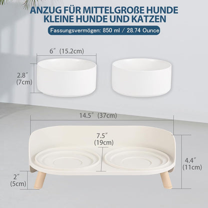 Futternapf Hund Keramik Hundenapf Erhöht - Spritzsicherer Hundenäpfe Mit Ständer - Doppel Napf Katze Fressnapf Hund - Futter Wasser Napfset Für Kleine Bis Mittlere Hunde Und Große Katzen - 850Ml X 2