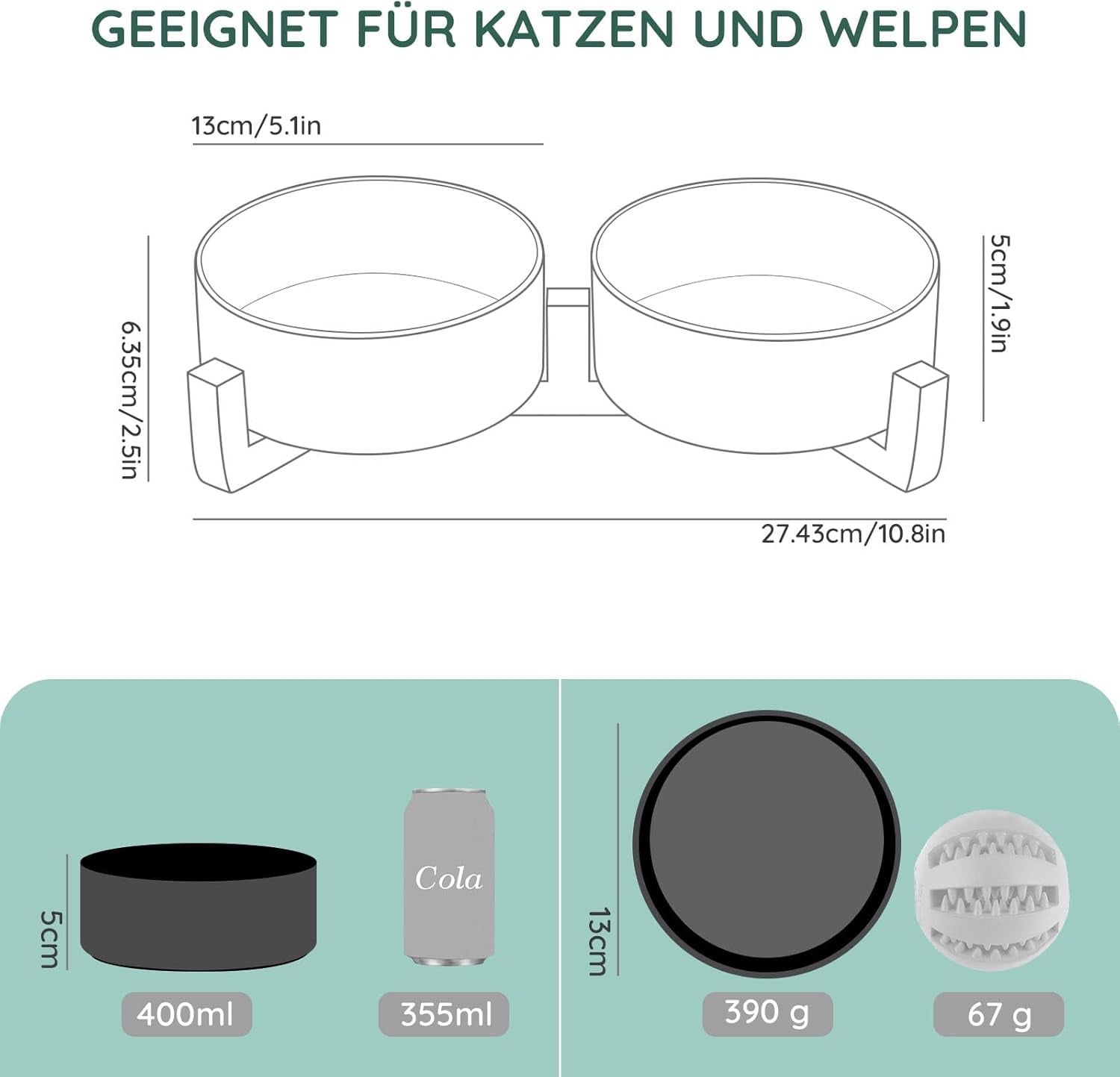 SPUNKYJUNKY Hundenapf Keramik Doppel Hund Futternapf Mit Bambus Ständer Für Katzen Und Hunde (400Ml, Schwarz)