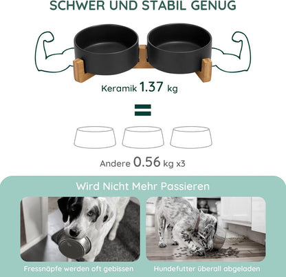 SPUNKYJUNKY Hundenapf Keramik Doppel Hund Futternapf Mit Bambus Ständer Für Katzen Und Hunde (400Ml, Schwarz)