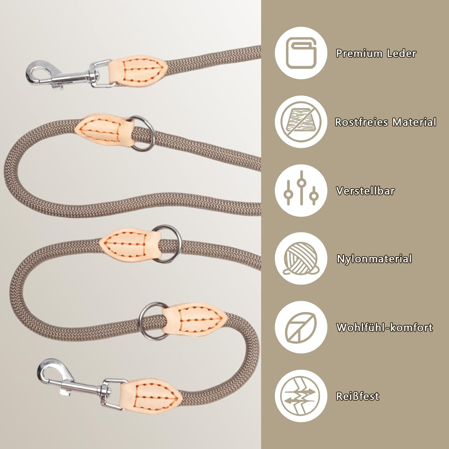 Hundeleine Für Mittelgroße & Große Hunde, Multifunktionsleine Führleine Für Hunde 2.1M Verstellbare Mit 2 Karabiner, Robuste Nylon Dog Leash, Schleppleine Doppelleine Für 2Hunde (Beige, 1Cm X 2.1M)