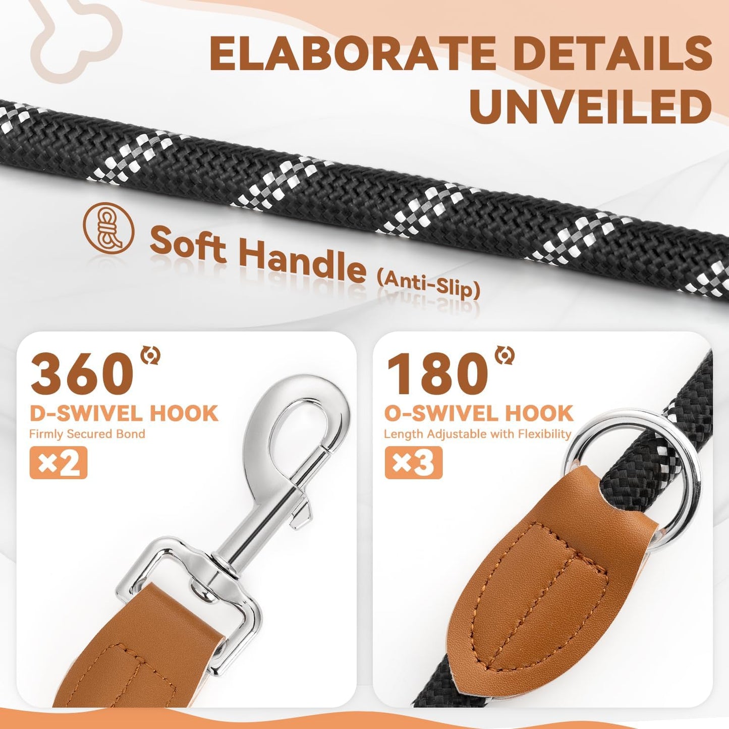 Hundeleine 3 M Verstellbare Schleppleine Für Mittel- & Großhunde(15-60Kg), Reflektierende Freihandleine Mit 2 Karabiner, Doppelleine Aus Robustem Nylon, 200 Kg Extreme Kraft