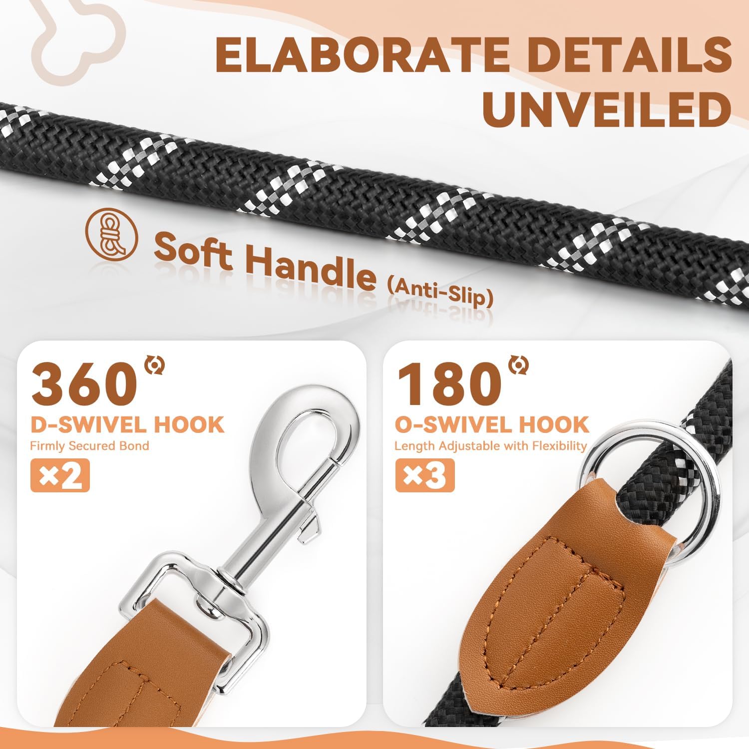 Hundeleine 3 M Verstellbare Schleppleine Für Mittel- & Großhunde(15-60Kg), Reflektierende Freihandleine Mit 2 Karabiner, Doppelleine Aus Robustem Nylon, 200 Kg Extreme Kraft