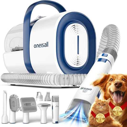 Oneisall Hundeschermaschine Mit Staubsauger, Super Saugkraft Mit 12000 Pa Saugt 99.99% Der Tierhaare, Leise Schermaschine Hund Katze Hundehaarschneidemaschine Mit 7 Pflegewerkzeugen