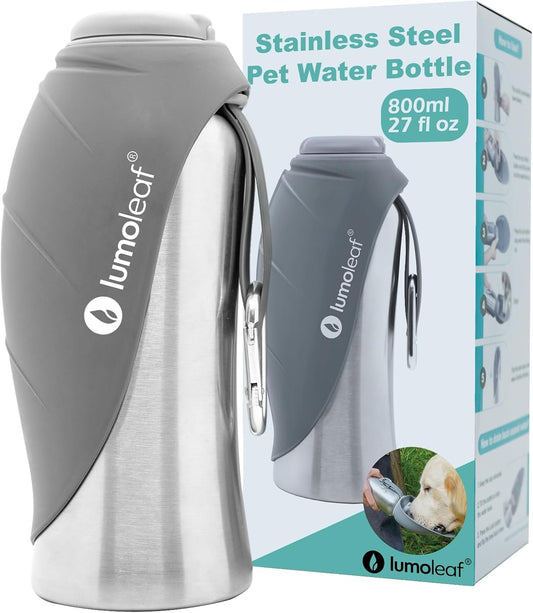 Lumoleaf Hundetrinkflasche Für Unterwegs, 800Ml Edelstahl Trinkflasche Hund, Tragbare Haustier Wasserflasche, Hunde Wasserspender Reise Zubehör Für Wandern Und Campen (Grau)