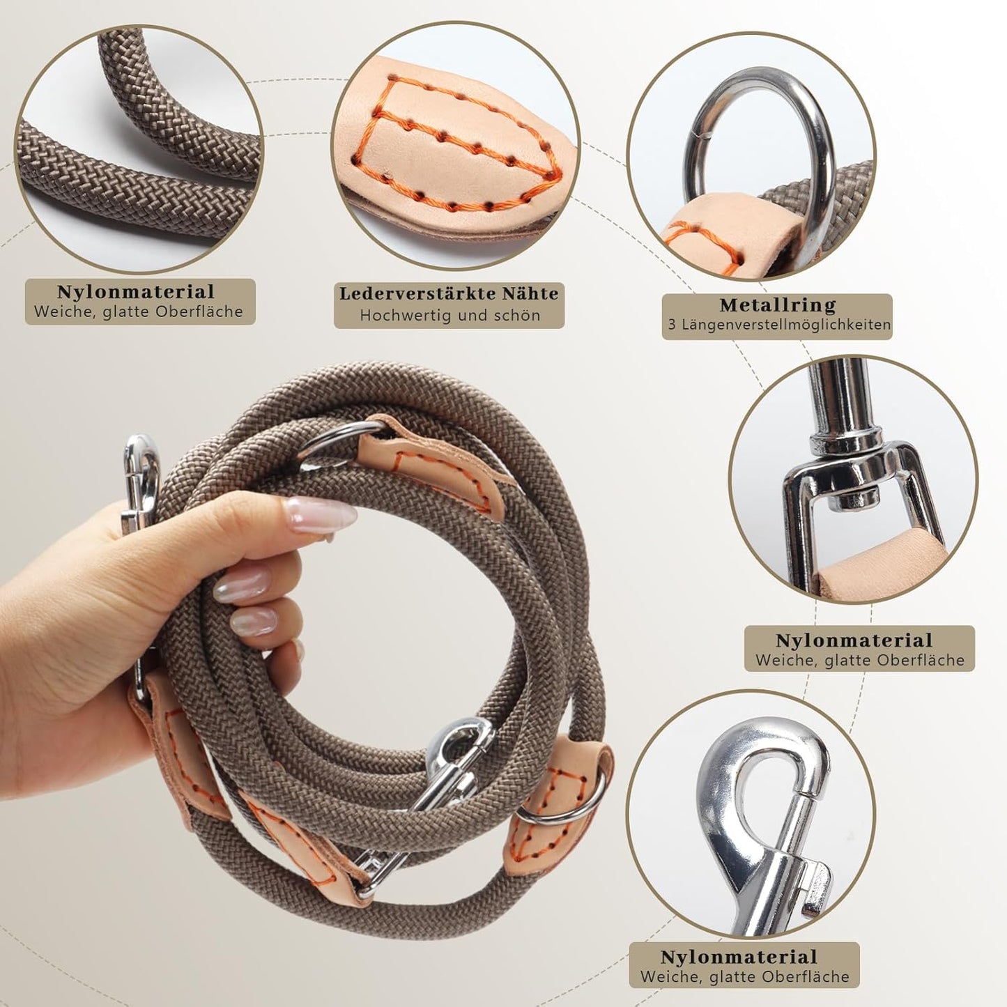 Hundeleine Für Mittelgroße & Große Hunde, Multifunktionsleine Führleine Für Hunde 2.1M Verstellbare Mit 2 Karabiner, Robuste Nylon Dog Leash, Schleppleine Doppelleine Für 2Hunde (Beige, 1Cm X 2.1M)