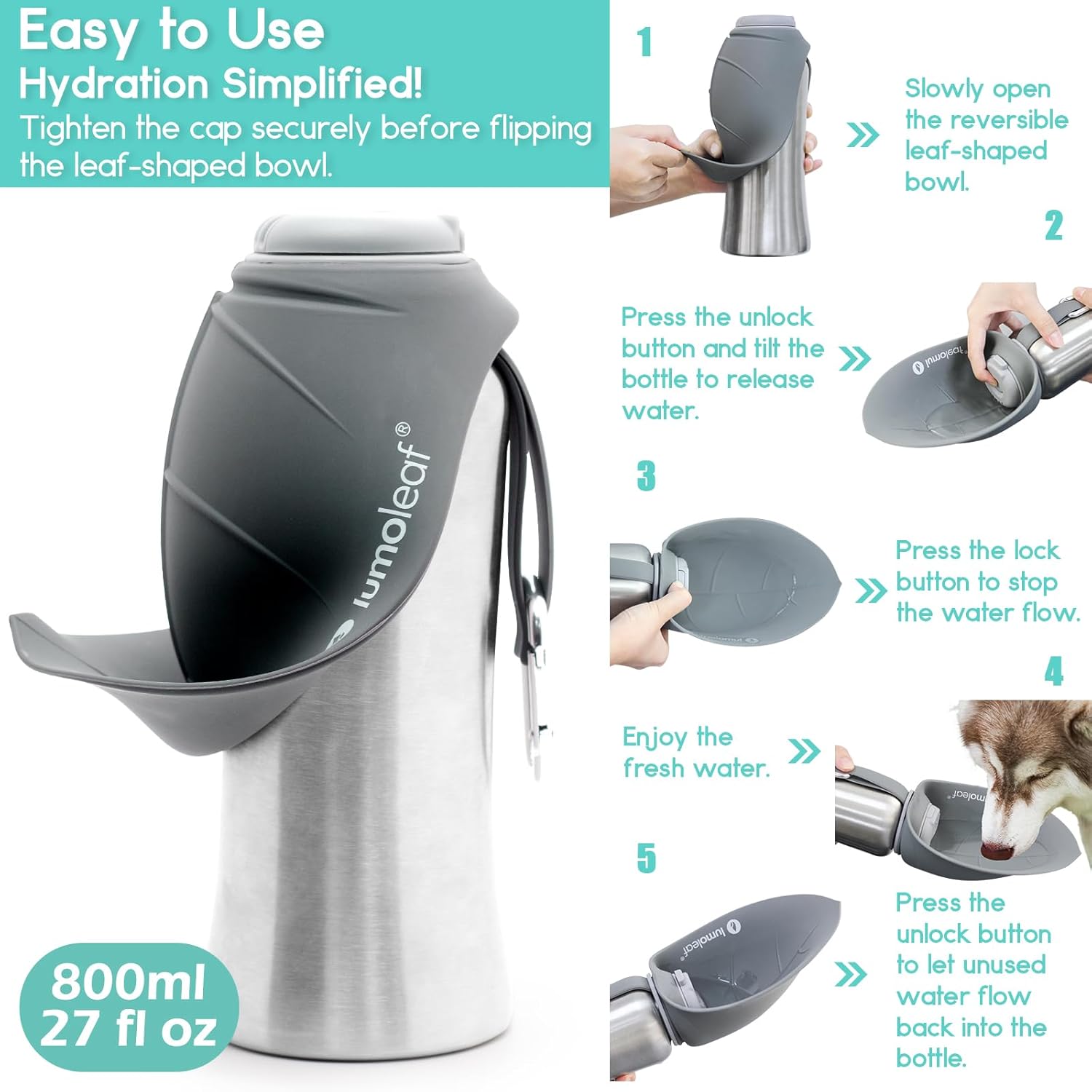 Lumoleaf Hundetrinkflasche Für Unterwegs, 800Ml Edelstahl Trinkflasche Hund, Tragbare Haustier Wasserflasche, Hunde Wasserspender Reise Zubehör Für Wandern Und Campen (Grau)