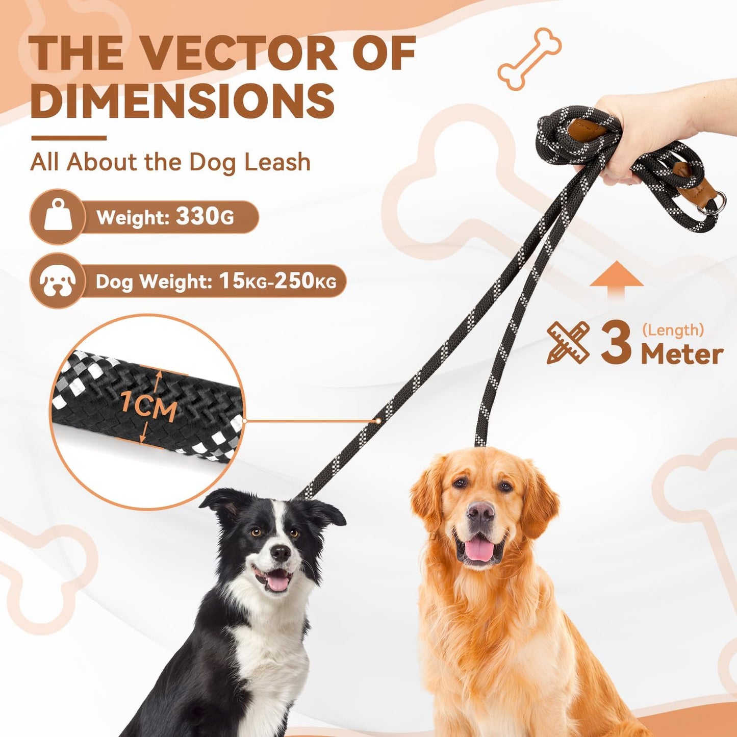 Hundeleine 3 M Verstellbare Schleppleine Für Mittel- & Großhunde(15-60Kg), Reflektierende Freihandleine Mit 2 Karabiner, Doppelleine Aus Robustem Nylon, 200 Kg Extreme Kraft