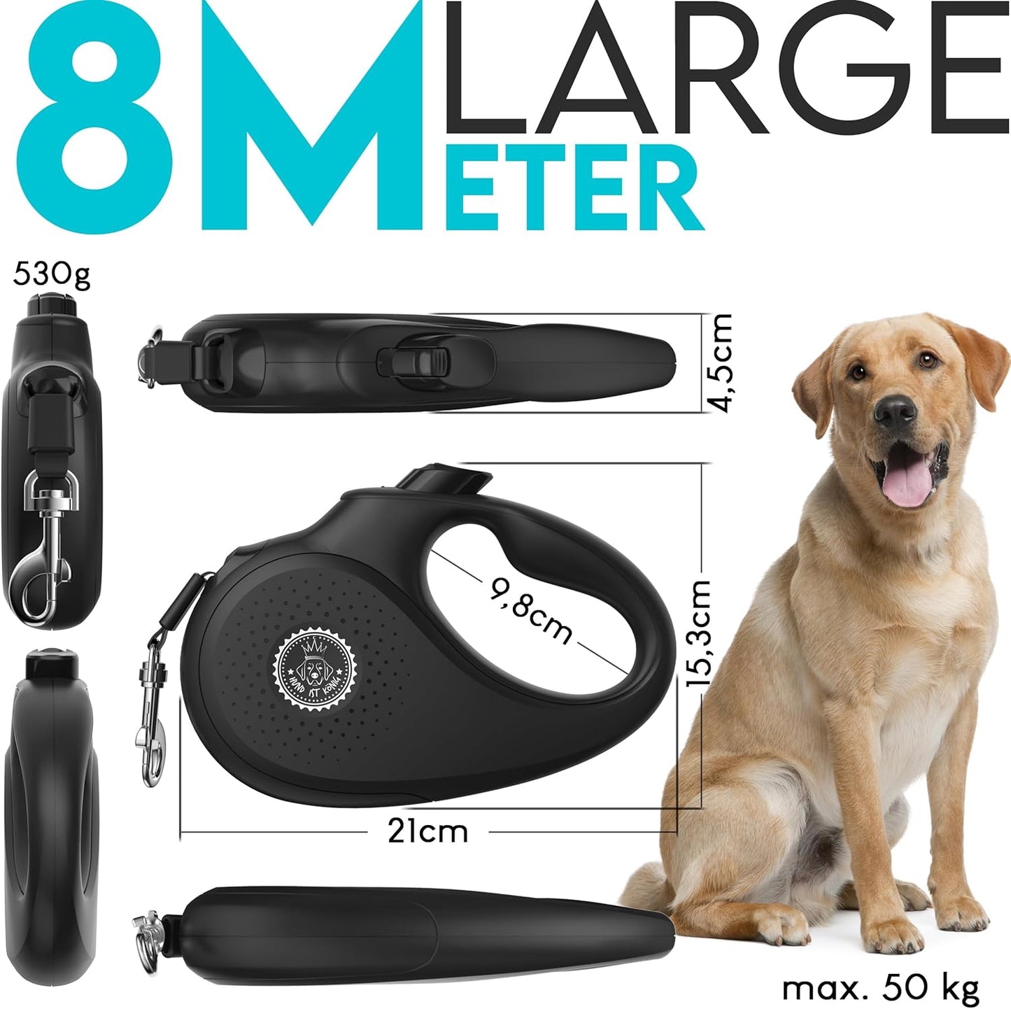 HUND IST KÖNIG Rollleine Hundeleine 8M Für Kleine & Große Hunde | Hochwertige Hundeleine Ausziehbar Mit Bequemen Griff | Robuste Ausziehleine | Bis 50Kg