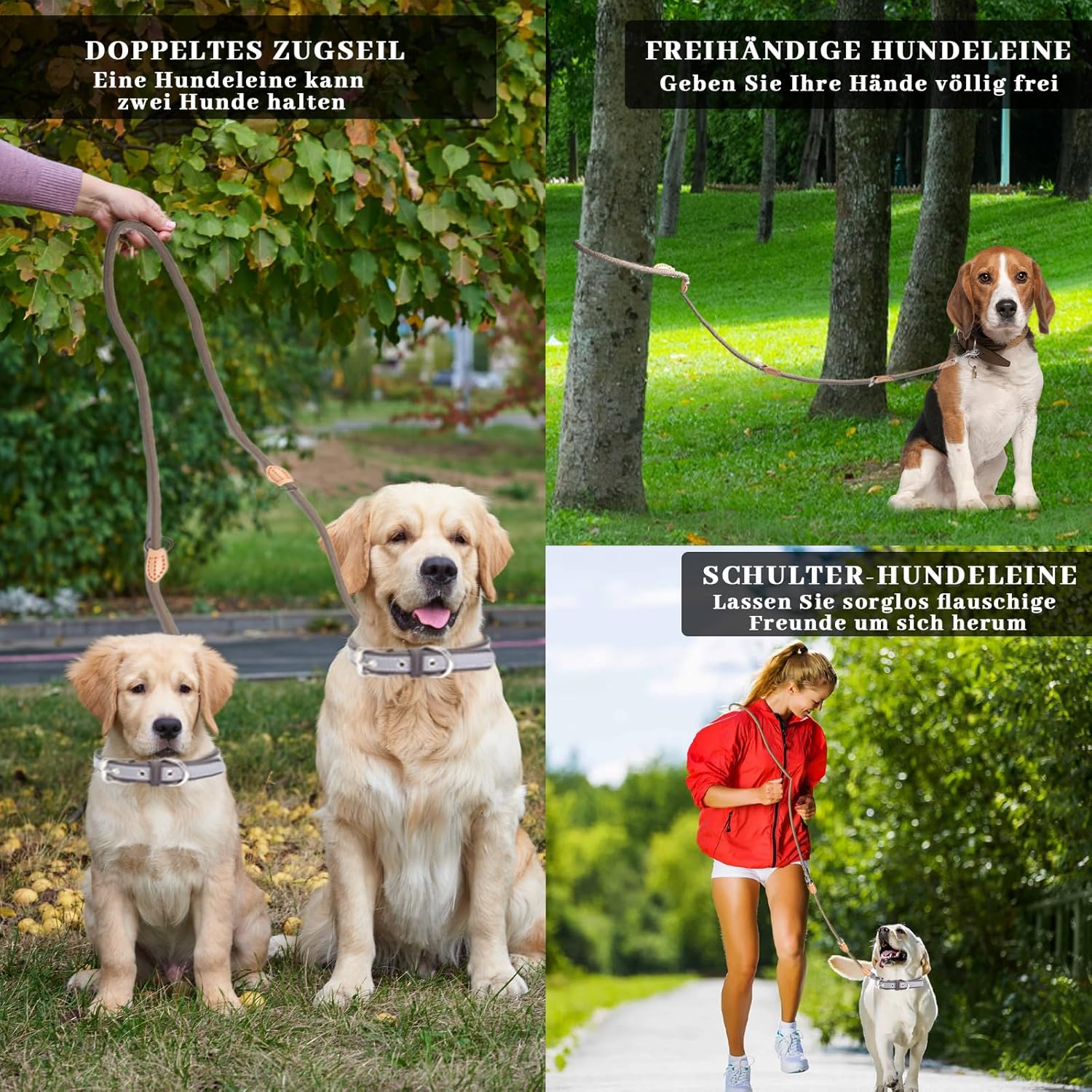 Hundeleine Für Mittelgroße & Große Hunde, Multifunktionsleine Führleine Für Hunde 2.1M Verstellbare Mit 2 Karabiner, Robuste Nylon Dog Leash, Schleppleine Doppelleine Für 2Hunde (Beige, 1Cm X 2.1M)