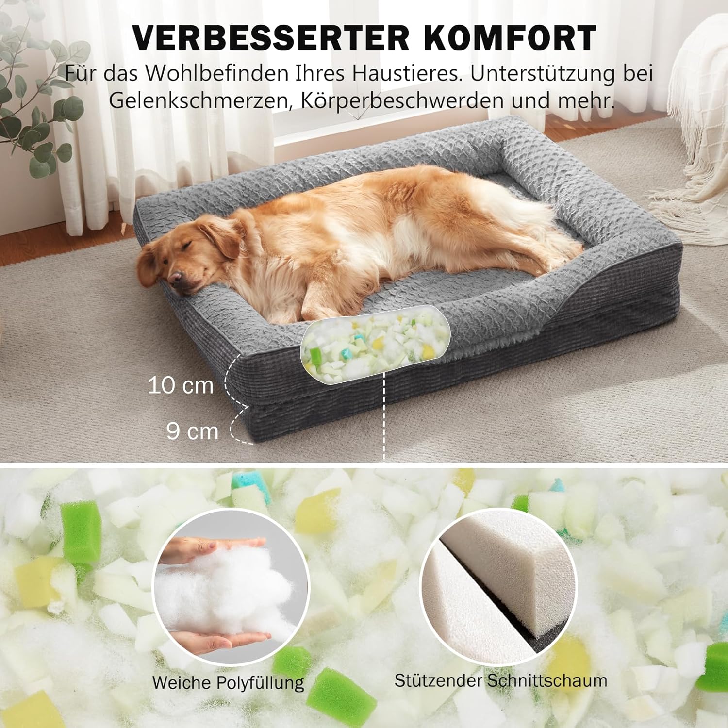 FURTIME Orthopädisches Hundebett Mittelgroße Hunde, Memory Foam Hundekorb Grosse Hunde, Abnehmbar Und Waschbar, Rutschfeste Hundekörbchen, Hohem Rand Hundesofa, 89 X 64 X 18Cm