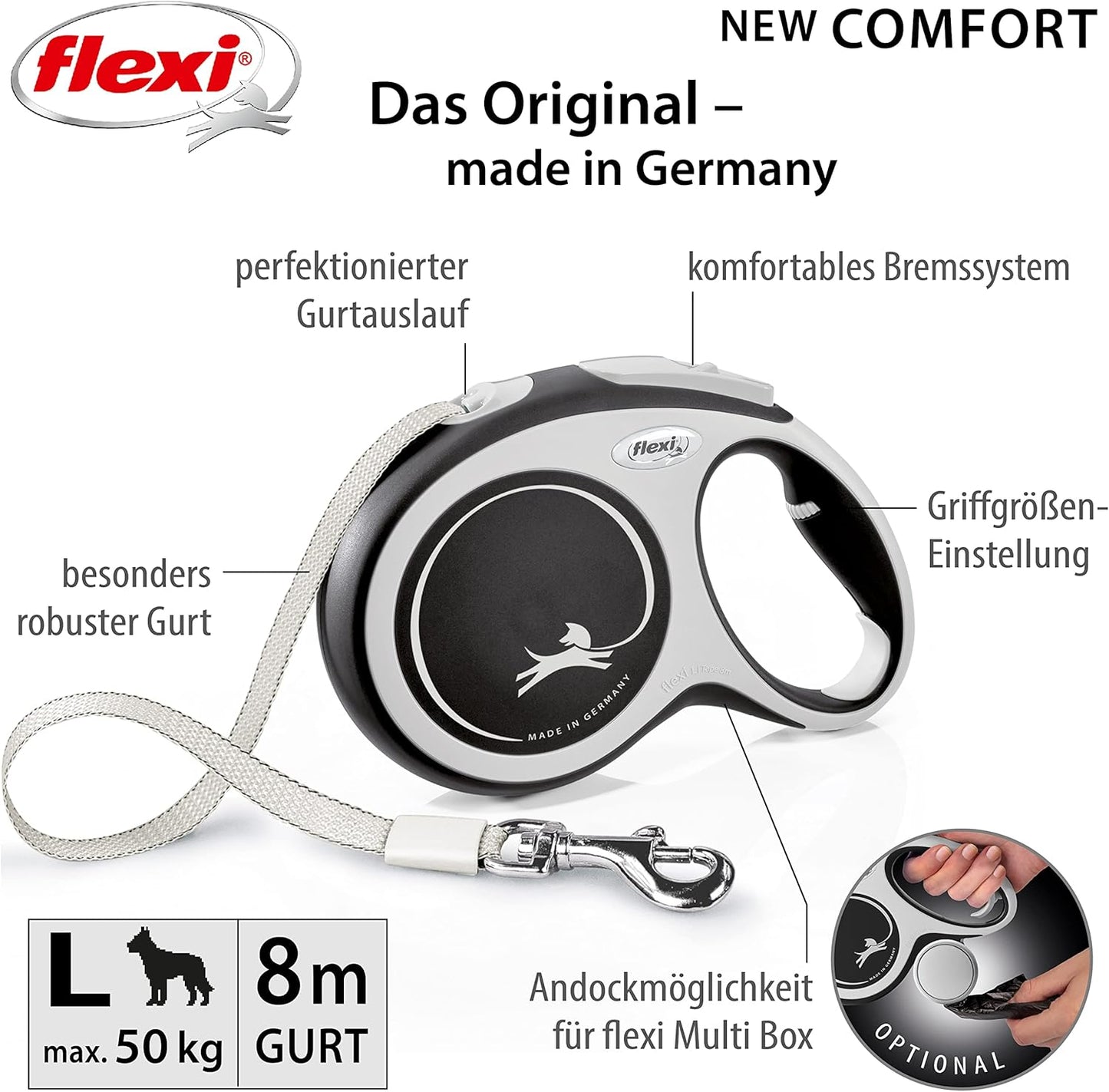 Flexi® Comfort L Gurt 8 M Schwarz, Roll-Leine Für Hunde Bis 50 Kg