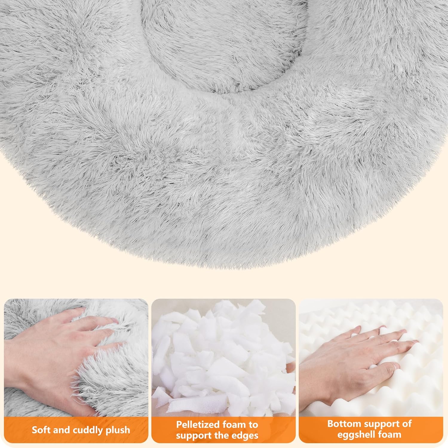 HMTOPE Orthopädisches Hundebett Rund Hundekissen Hundesofa Katzenbett Donut Kuscheliges Hundekorb Waschbar, 70 Cm Ø, Hellgrau
