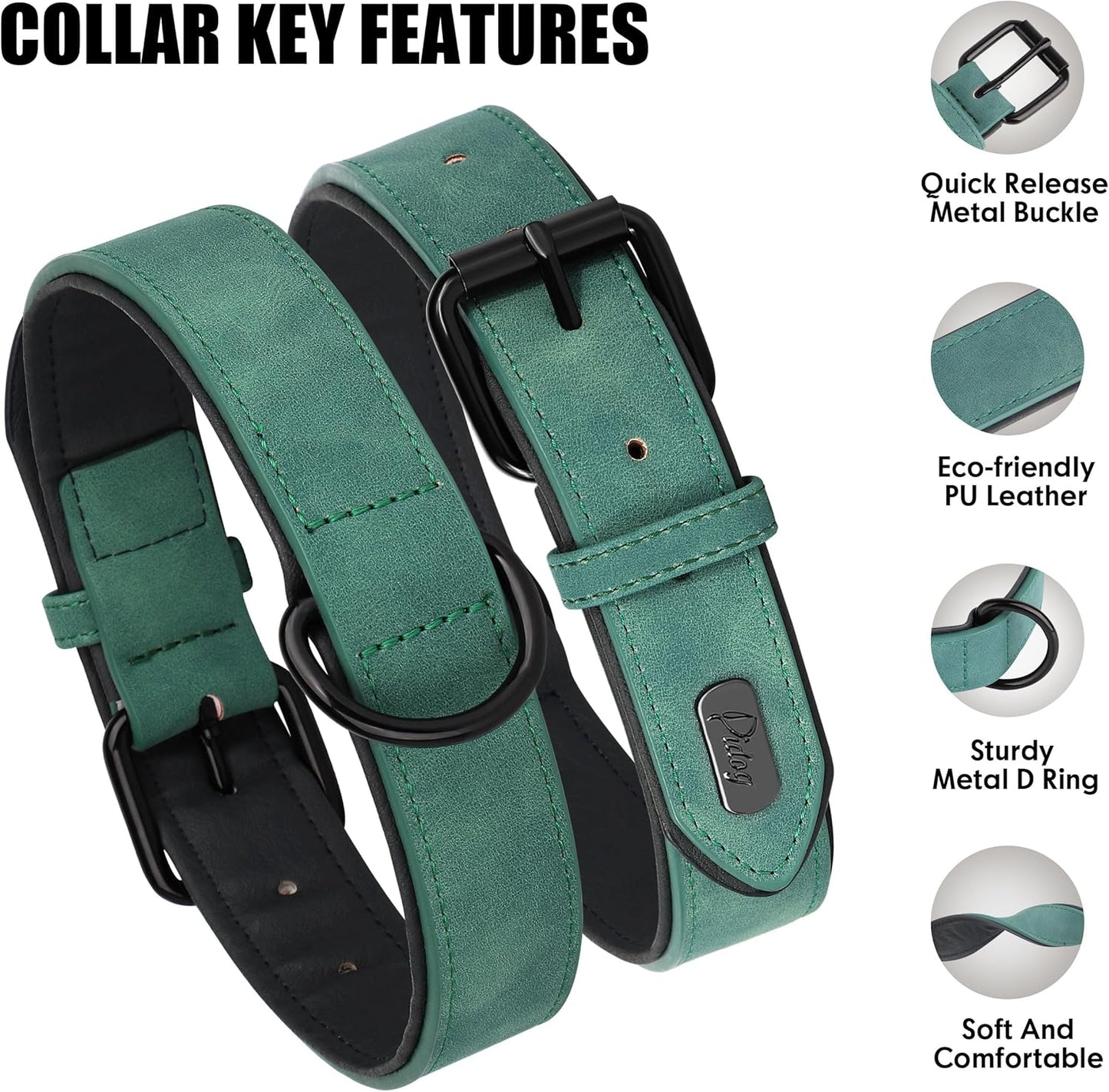 Didog Hundehalsband Aus Weichem, Gepolstertem Leder, Atmungsaktives, Strapazierfähiges Hundehalsband Aus Leder Mit Verstellbarer, Rostfreier Metallschnalle Für Mittelgroße Und Große Hunde, Grün, L