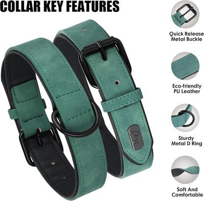 Didog Hundehalsband Aus Weichem, Gepolstertem Leder, Atmungsaktives, Strapazierfähiges Hundehalsband Aus Leder Mit Verstellbarer, Rostfreier Metallschnalle Für Mittelgroße Und Große Hunde, Grün, L