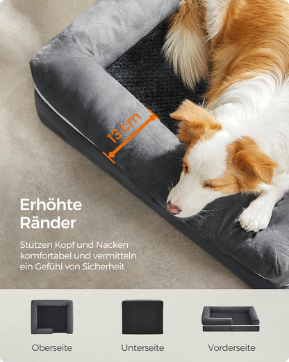 Feandrea Orthopädisches Hundebett, Hundekissen, Hundekorb, Weiche Polsterung, Hundesofa, Erhöhte Ränder, Bezug Abnehmbar Und Waschbar, 91 X 71 X 20 Cm, Rutschfeste Unterseite, Dunkelgrau PGW076G01