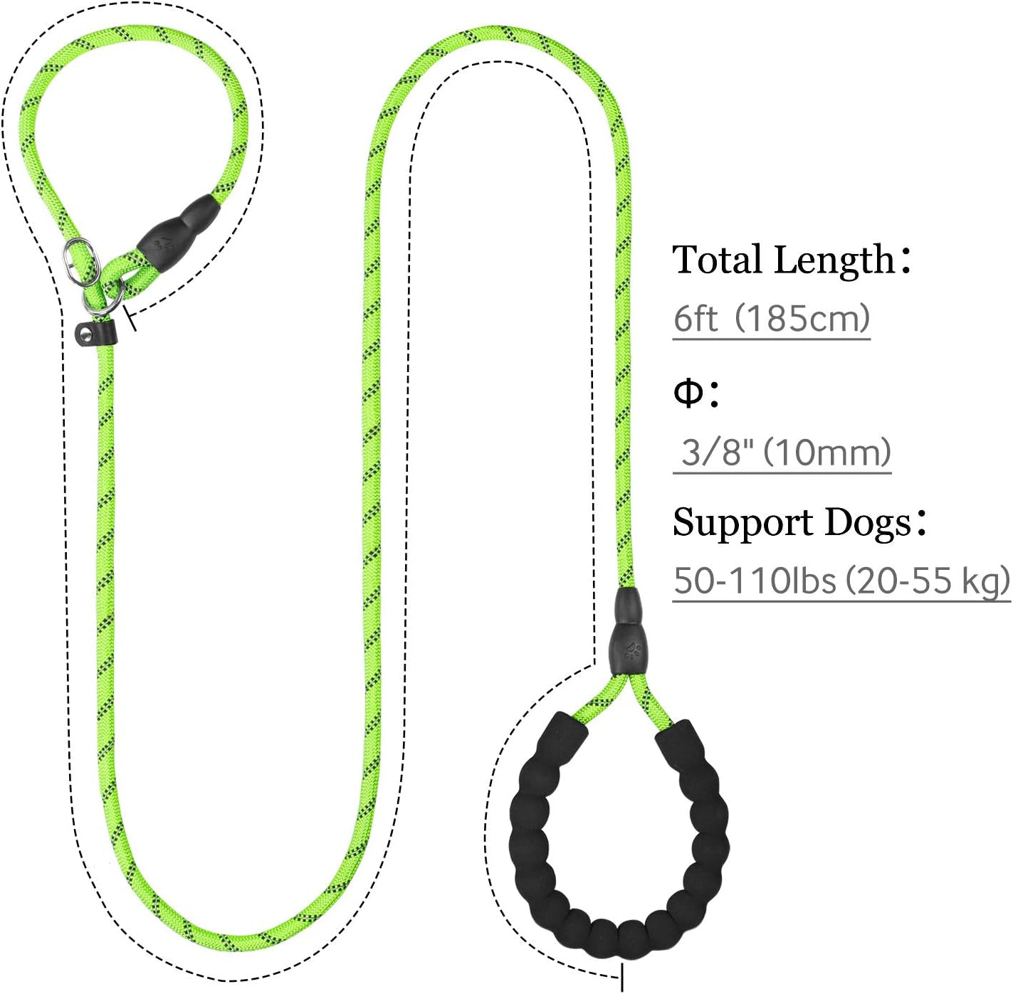 Tagme Retrieverleine Mit Zugstopp,Reflektierende Seilleine 185 Cm Moxonleine,Weicher Gepolsterter Griff,10Mm Für Mittlere Hunde,Grün