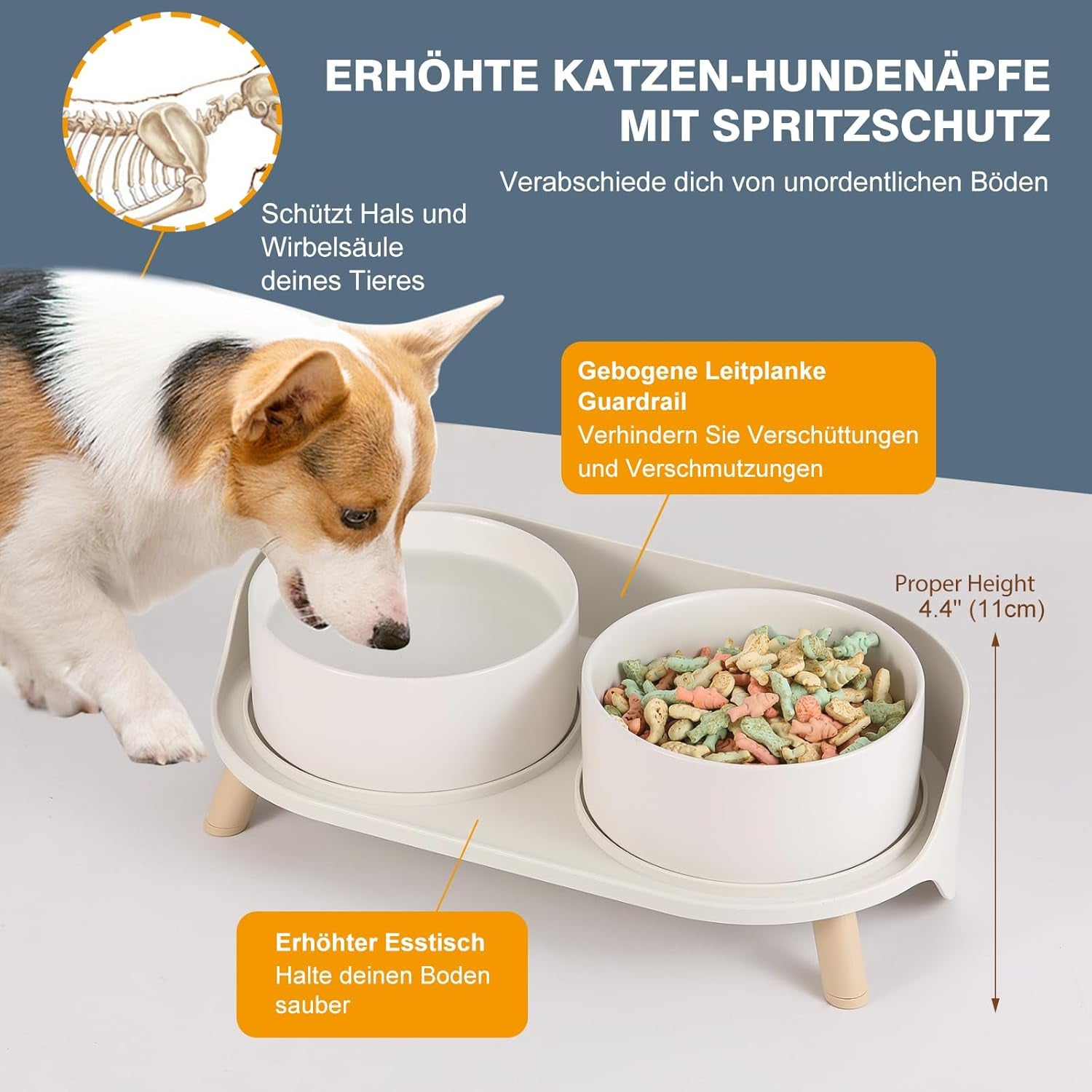 Futternapf Hund Keramik Hundenapf Erhöht - Spritzsicherer Hundenäpfe Mit Ständer - Doppel Napf Katze Fressnapf Hund - Futter Wasser Napfset Für Kleine Bis Mittlere Hunde Und Große Katzen - 850Ml X 2