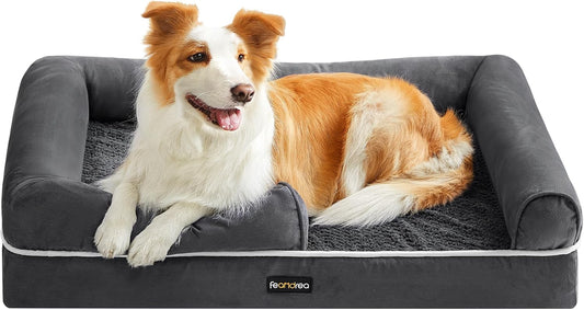 Feandrea Orthopädisches Hundebett, Hundekissen, Hundekorb, Weiche Polsterung, Hundesofa, Erhöhte Ränder, Bezug Abnehmbar Und Waschbar, 91 X 71 X 20 Cm, Rutschfeste Unterseite, Dunkelgrau PGW076G01
