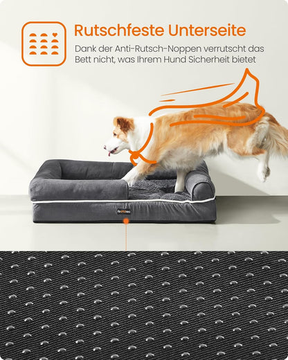Feandrea Orthopädisches Hundebett, Hundekissen, Hundekorb, Weiche Polsterung, Hundesofa, Erhöhte Ränder, Bezug Abnehmbar Und Waschbar, 91 X 71 X 20 Cm, Rutschfeste Unterseite, Dunkelgrau PGW076G01